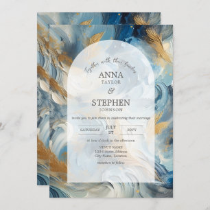 Contemporary Elegance: Blue White Gold Wedding Invitation