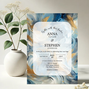 Contemporary Elegance: Blue White Gold Wedding Invitation