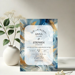 Contemporary Elegance: Blue White Gold Wedding Invitation
