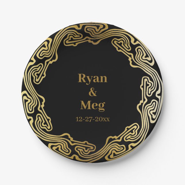 Contemporary Elegance: Modern Gold Frame Waves  Paper Plate (Front)