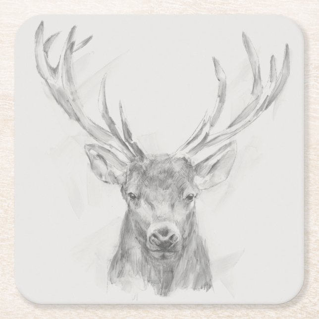Contemporary Elk Sketch Square Paper Coaster (Front)