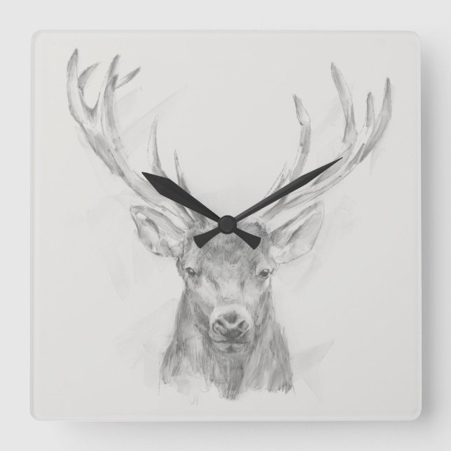 Contemporary Elk Sketch Square Wall Clock (Front)