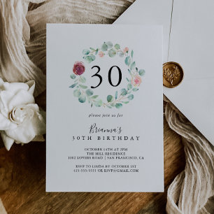 Contemporary Eucalyptus Floral 30th Birthday Party Invitation