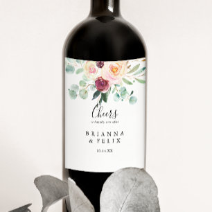 Contemporary Eucalyptus Floral Cheers Wedding Wine Label