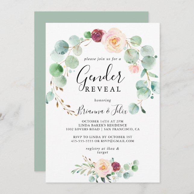 Contemporary Eucalyptus Floral Gender Reveal Party Invitation (Front/Back)