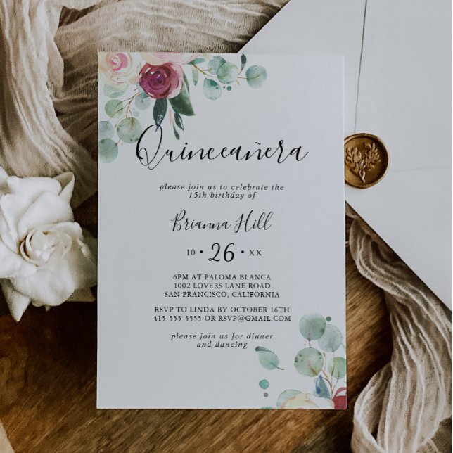 Contemporary Eucalyptus Floral Quinceañera Invitation (Creator Uploaded)