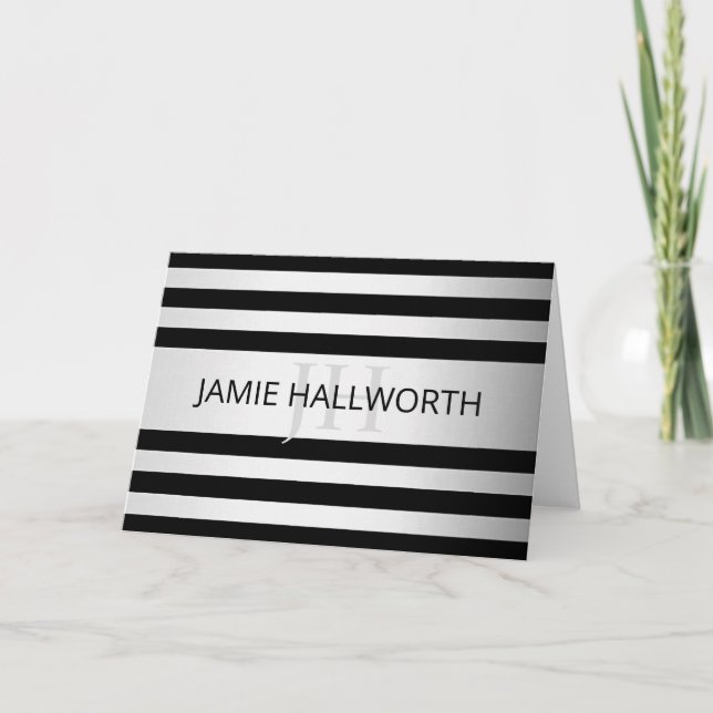 Contemporary Faux Silver Ombre Stripes & Black Card (Front)