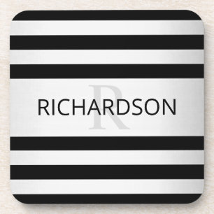 Contemporary Faux Silver Ombre Stripes & Black Coaster