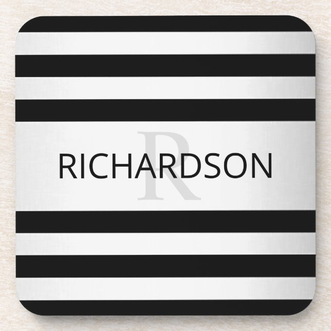 Contemporary Faux Silver Ombre Stripes & Black Coaster (Front)