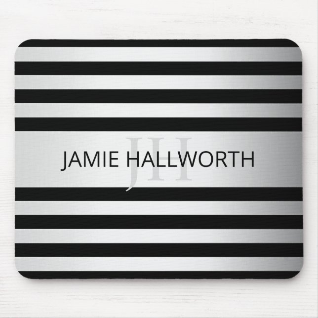 Contemporary Faux Silver Ombre Stripes & Black Mouse Pad (Front)