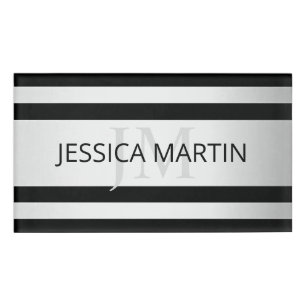 Contemporary Faux Silver Ombre Stripes & Black Name Tag