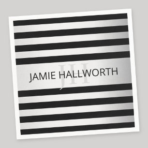 Contemporary Faux Silver Ombre Stripes & Black Napkin