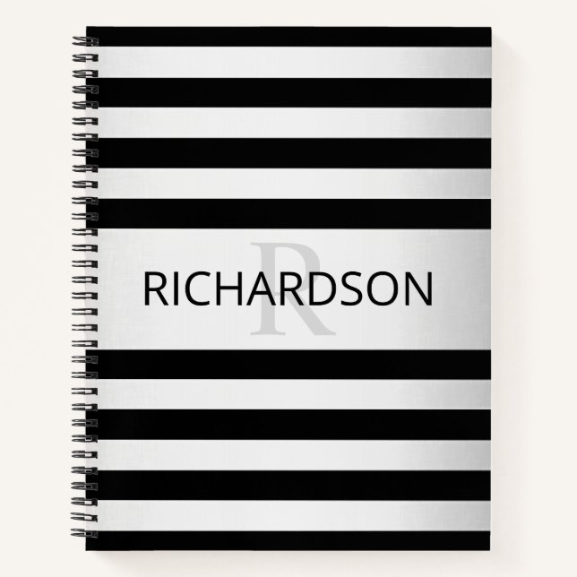 Contemporary Faux Silver Ombre Stripes & Black Notebook (Front)