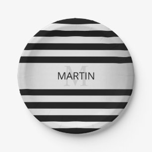 Contemporary Faux Silver Ombre Stripes & Black Paper Plate