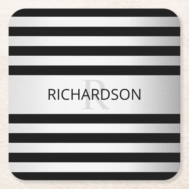 Contemporary Faux Silver Ombre Stripes & Black Square Paper Coaster (Front)