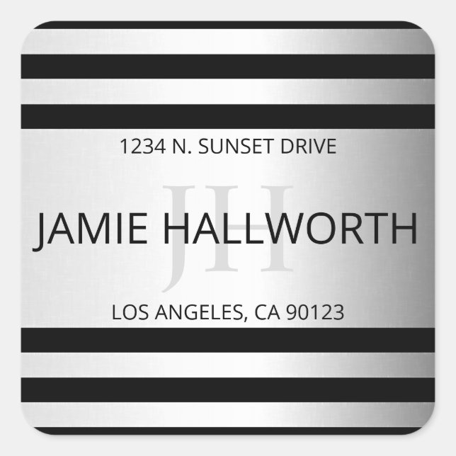 Contemporary Faux Silver Ombre Stripes & Black Square Sticker (Front)