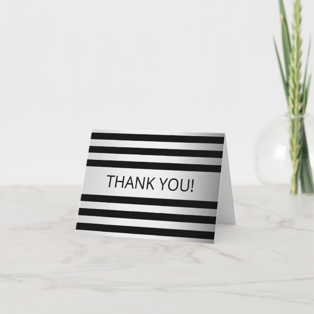 Contemporary Faux Silver Ombre Stripes & Black Thank You Card (Front)