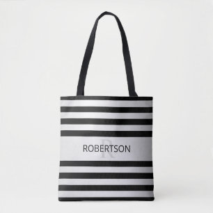 Contemporary Faux Silver Ombre Stripes & Black Tote Bag