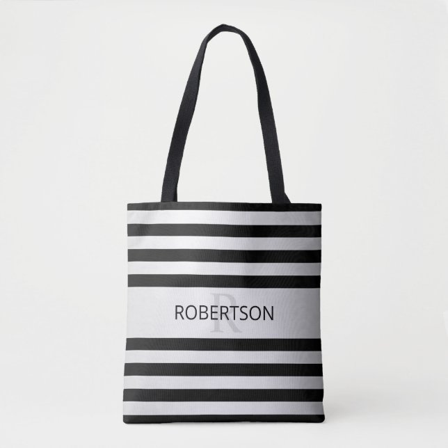 Contemporary Faux Silver Ombre Stripes & Black Tote Bag (Front)