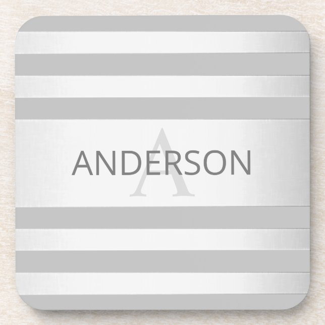 Contemporary Faux Silver Ombre Stripes & Grey Coaster (Front)
