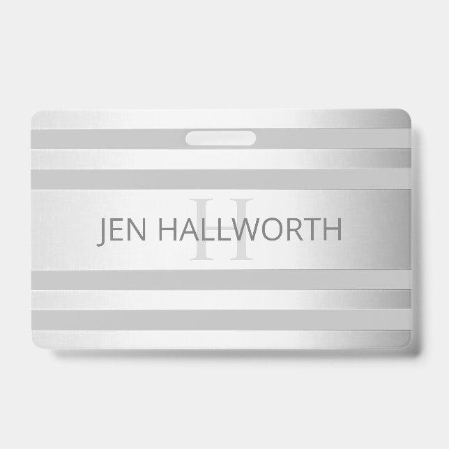 Contemporary Faux Silver Ombre Stripes & Grey ID Badge (Front)