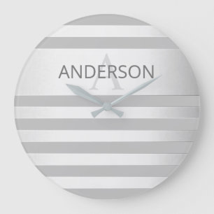 Contemporary Faux Silver Ombre Stripes & Grey Large Clock