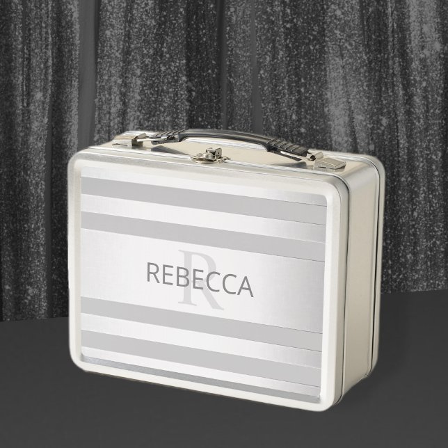 Contemporary Faux Silver Ombre Stripes & Grey Metal Lunch Box (Creator Uploaded)