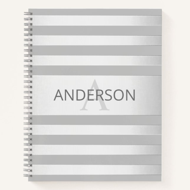 Contemporary Faux Silver Ombre Stripes & Grey Notebook (Front)