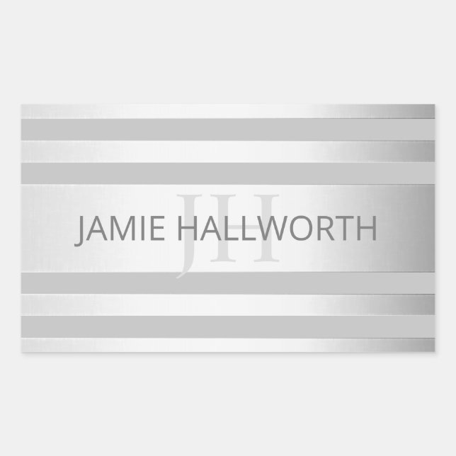 Contemporary Faux Silver Ombre Stripes & Grey Rectangular Sticker (Front)