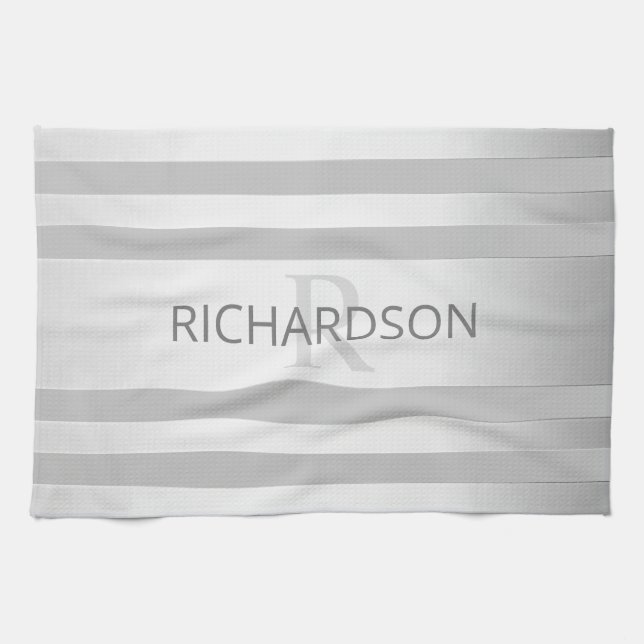 Contemporary Faux Silver Ombre Stripes & Grey Tea Towel (Horizontal)