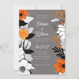 Contemporary flowers black, white, orange wedding invitation