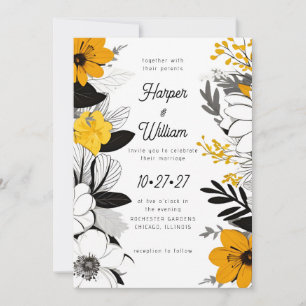 Contemporary flowers black, white, yellow wedding invitation