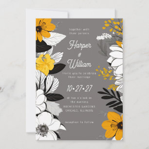 Contemporary flowers black, white, yellow wedding invitation