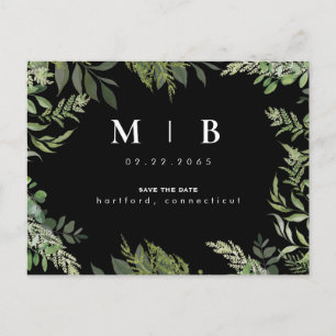 Contemporary Foliage Monogram Black Save the Date Announcement Postcard
