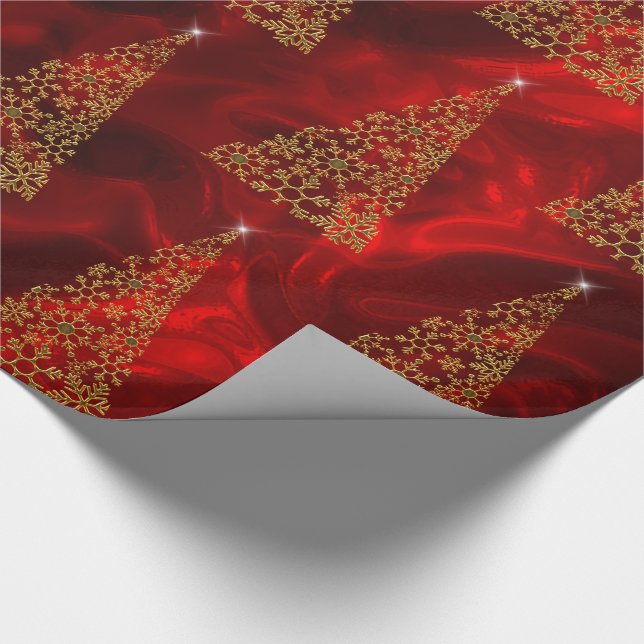 Contemporary Gold Christmas Trees on Red Silk Wrapping Paper (Corner)