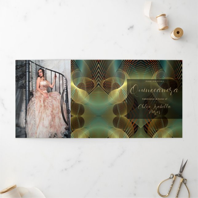 Contemporary Gold Swirl Quinceanera Tri-Fold Invitation (Outside)