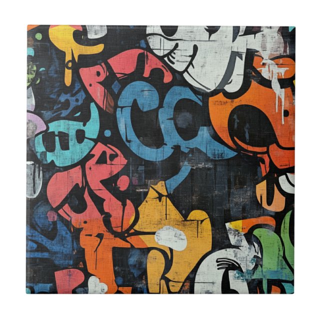 Contemporary Graffiti Abstract Pink Blue Black Ceramic Tile (Front)