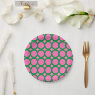 Contemporary Green & Pink Geometric Circle Shape  Paper Plate