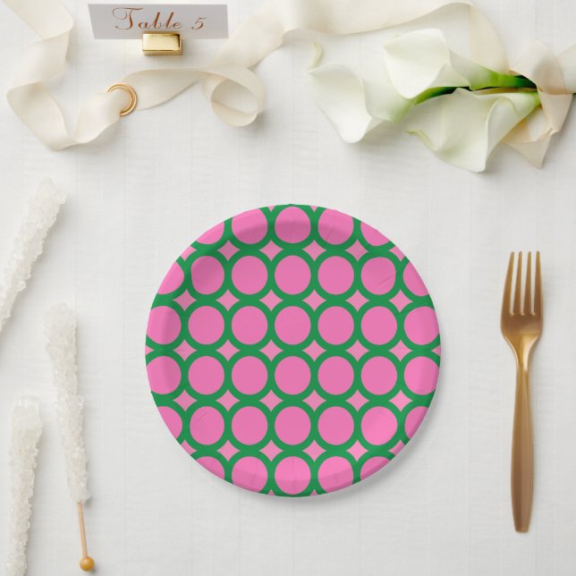 Contemporary Green & Pink Geometric Circle Shape  Paper Plate (Wedding)