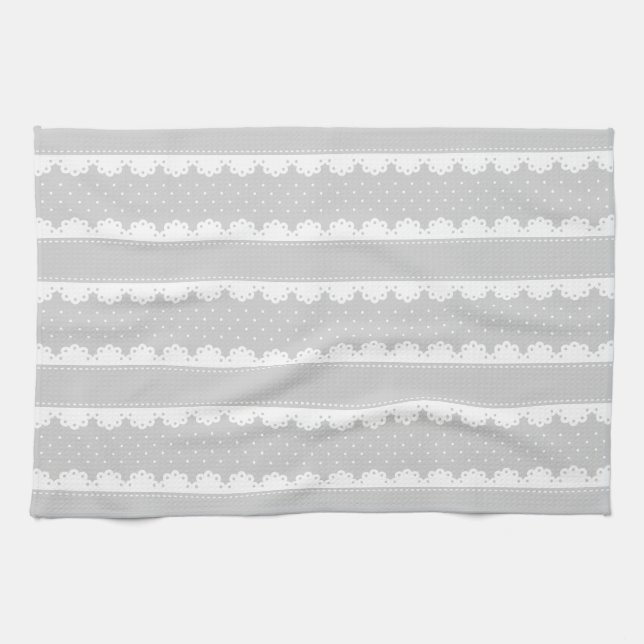 Contemporary Grey White Lace Stripes Pattern Tea Towel (Horizontal)