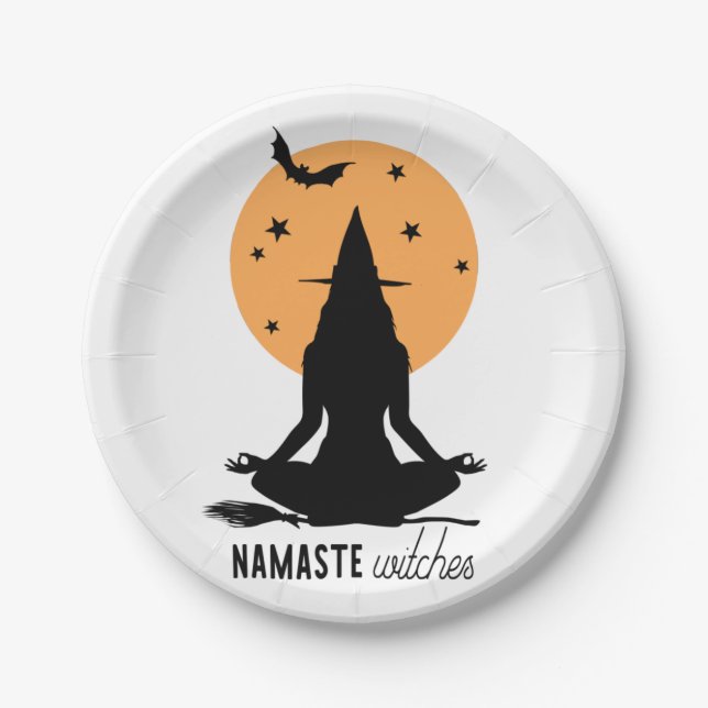 Contemporary Halloween yoga Witch Paper Plate (Front)