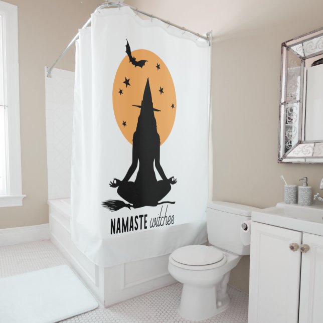 Contemporary Halloween yoga Witch Shower Curtain (In Situ)