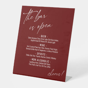 Contemporary Handwriting Burgundy Open Bar Menu Pedestal Sign