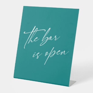 Contemporary Handwriting The Bar is Open Teal Pedestal Sign