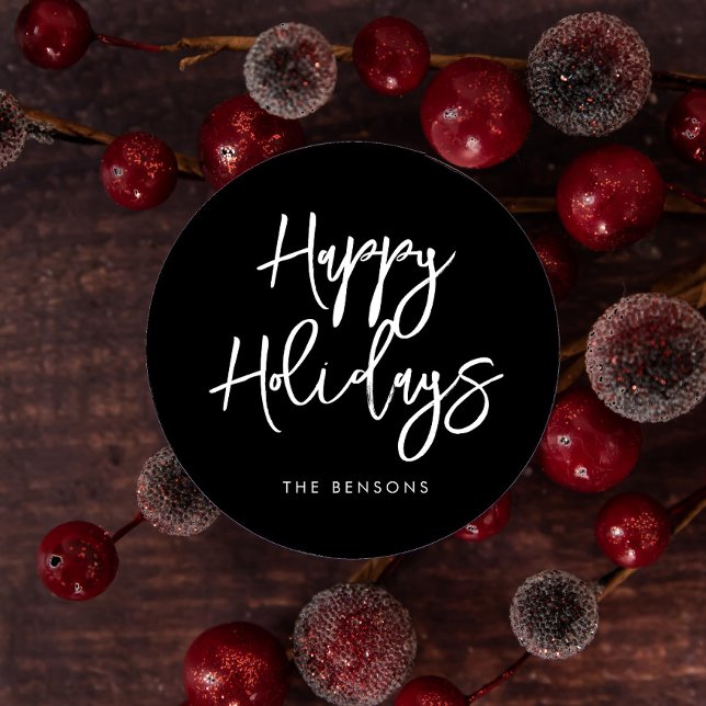 Contemporary Happy Holidays Black Classic Round Sticker (Creator Uploaded)