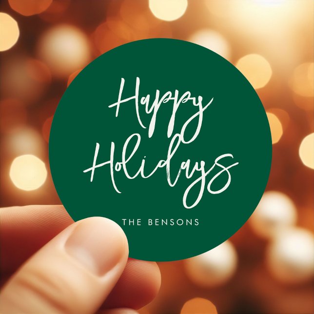 Contemporary Happy Holidays Green Classic Round Sticker (Creator Uploaded)