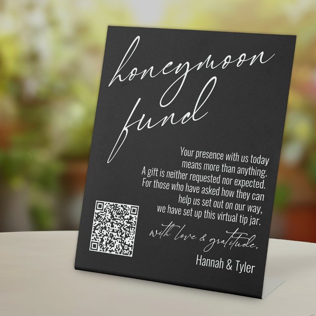 Contemporary Honeymoon Fund QR Code Black Pedestal Sign (Creator Uploaded)