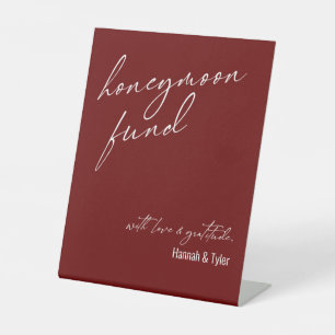 Contemporary Honeymoon Fund QR Code Burgundy Pedestal Sign