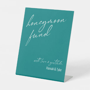 Contemporary Honeymoon Fund QR Code Teal Pedestal Sign