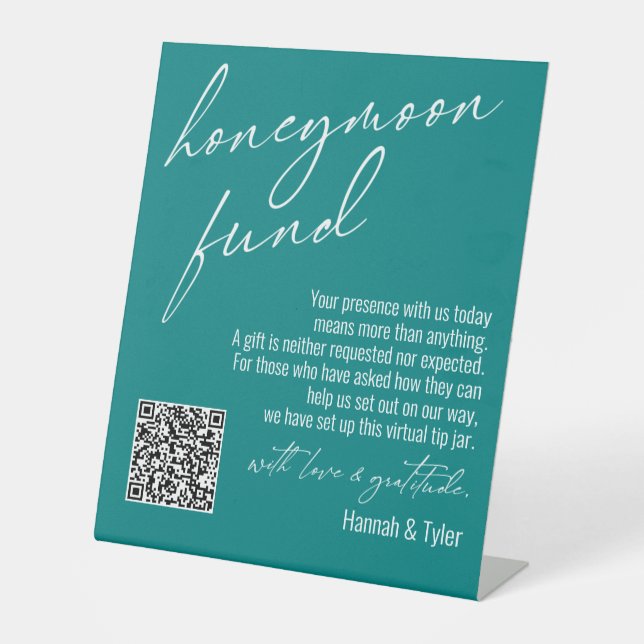 Contemporary Honeymoon Fund QR Code Teal Pedestal Sign (Front)